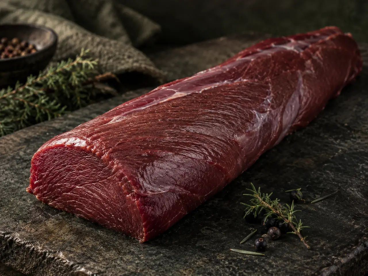 Cœur de filet de cerf, pièce entière (600 g), viande de gibier sauvage de France – détail de la chair
