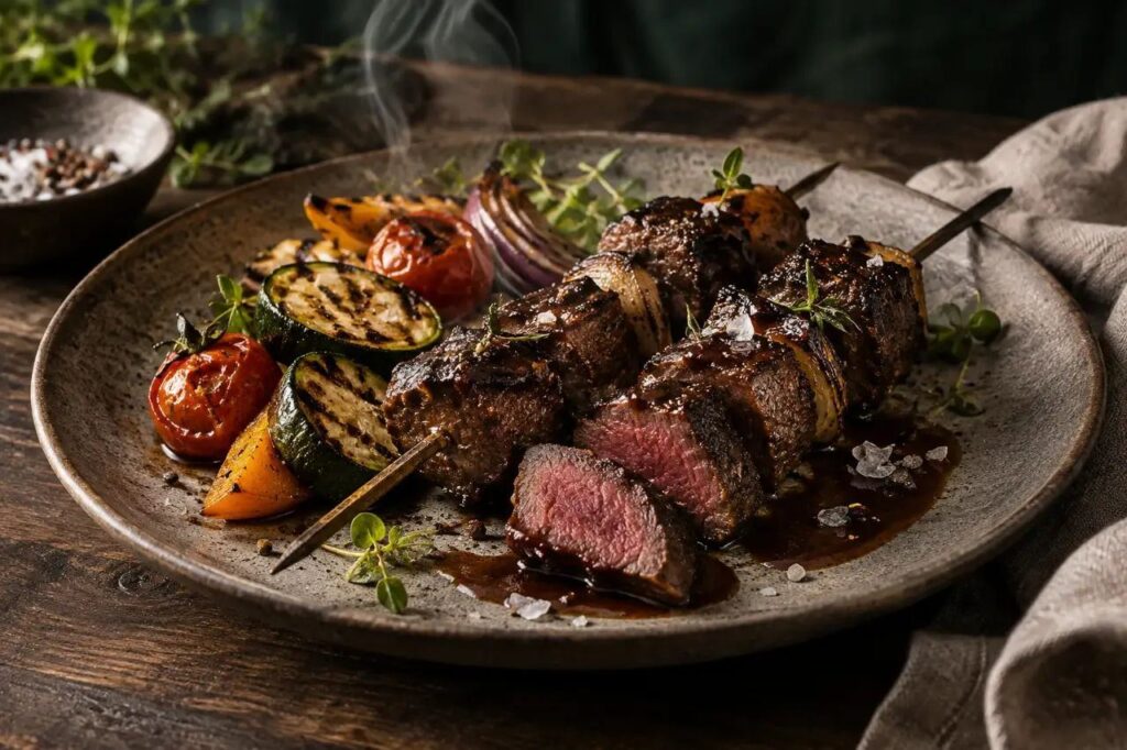Brochettes de cerf au barbecue – recette de gibier sauvage dressée à l'assiette