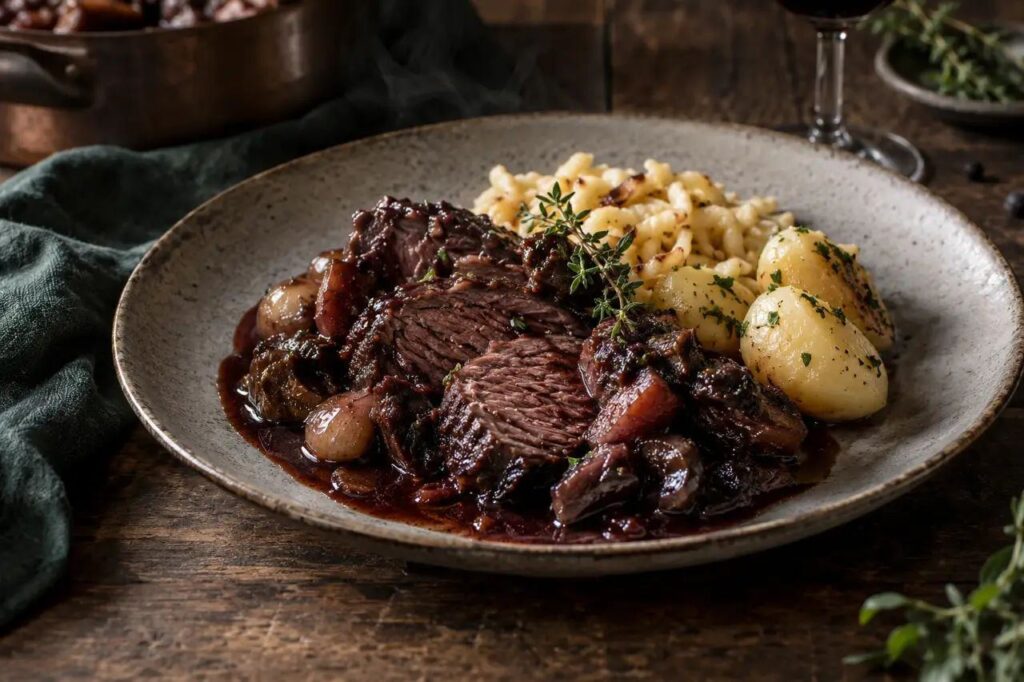 Civet de sanglier au vin rouge – recette de gibier sauvage dressée à l'assiette