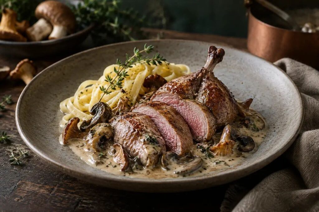 Faisan à la crème et aux champignons – recette de gibier sauvage dressée à l'assiette