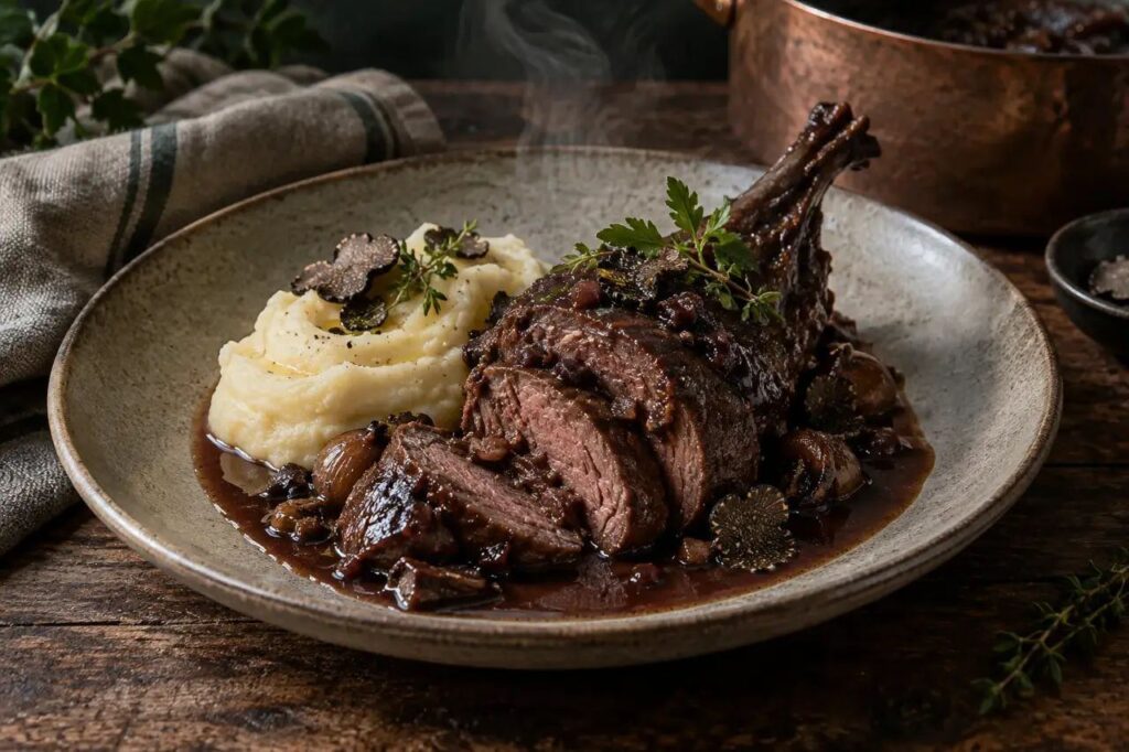 Lièvre en cocotte à la périgourdine – recette de gibier sauvage dressée à l'assiette