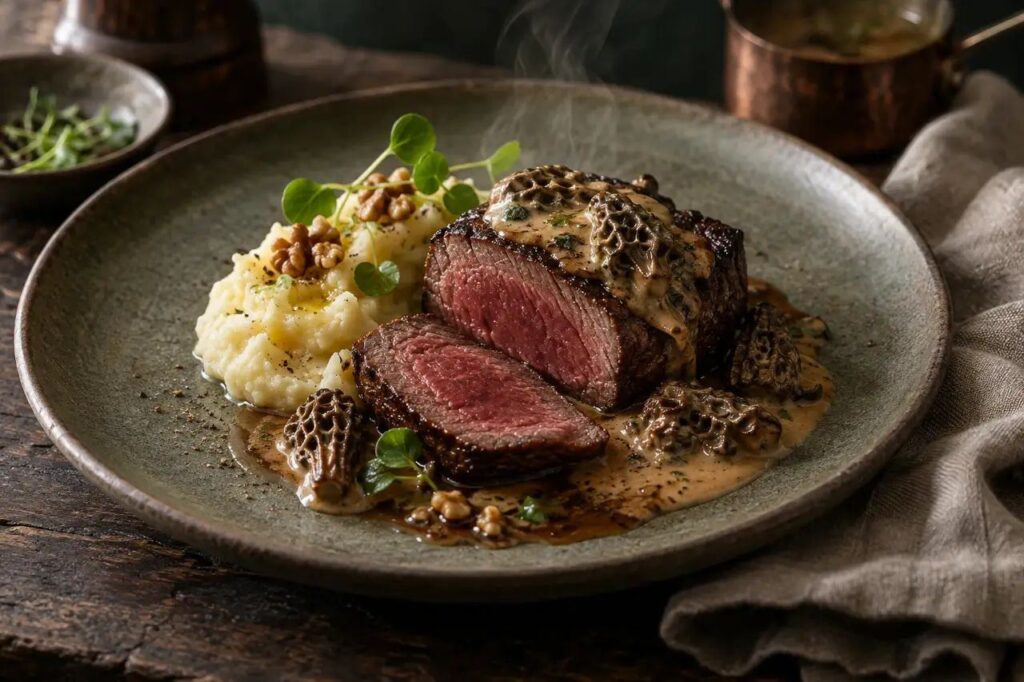 Pavé de cerf, sauce aux morilles – recette de gibier sauvage dressée à l'assiette