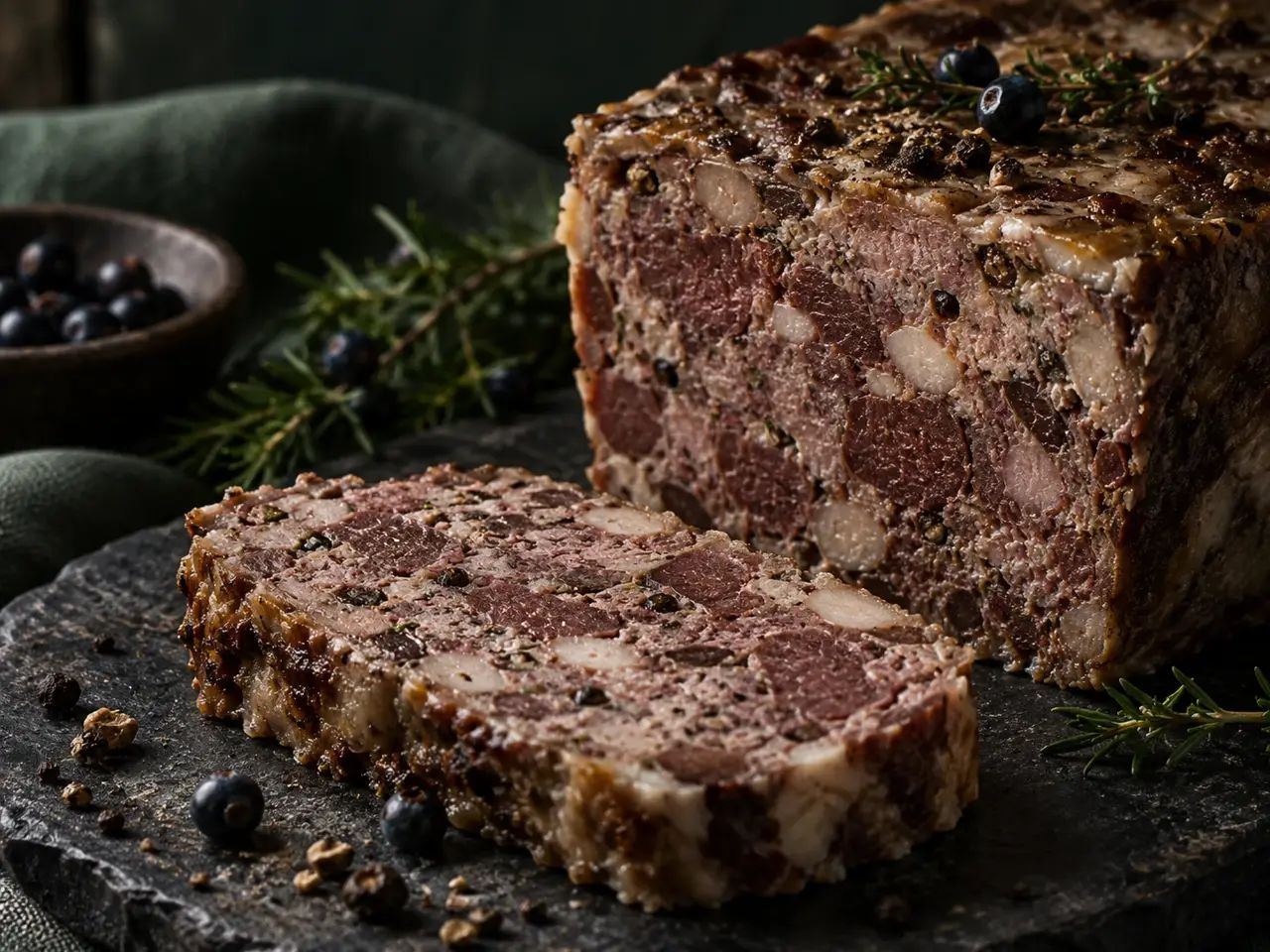 Terrine de cerf au genièvre (180 g), viande de gibier sauvage de France – détail de la chair